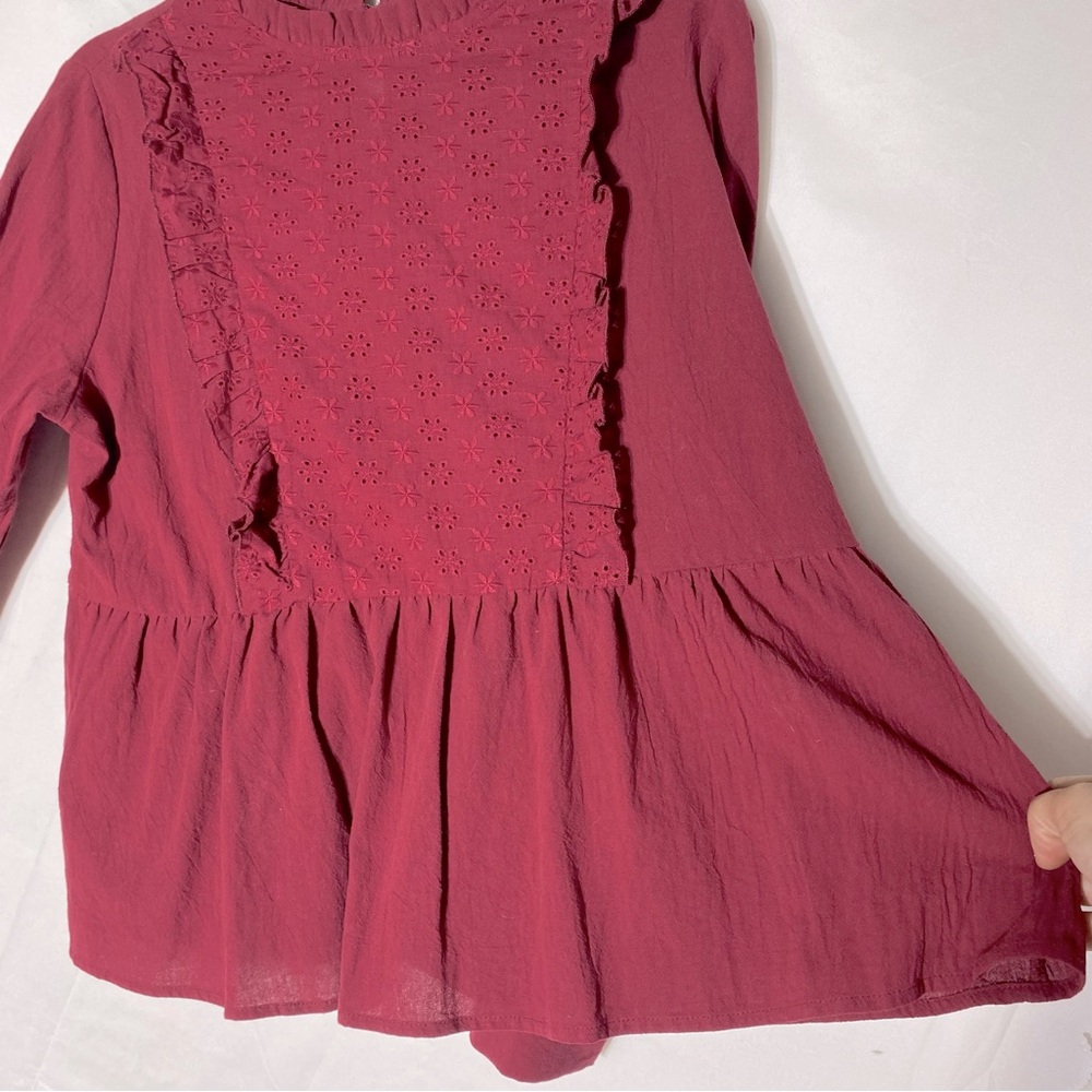 5/$25 Shein Burgundy High Collar Eyelet Ruffle Peplum Blouse L - Picture 7 of 15
